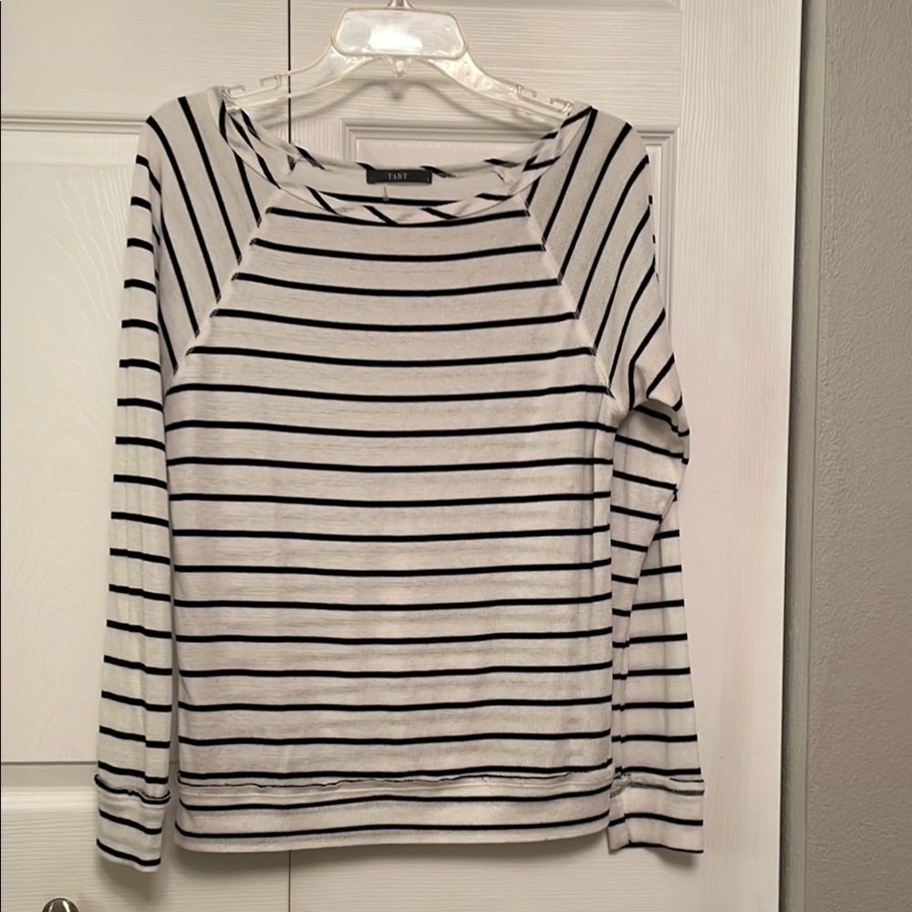 TART Small Blue & White Striped Popover Top Boat Neck